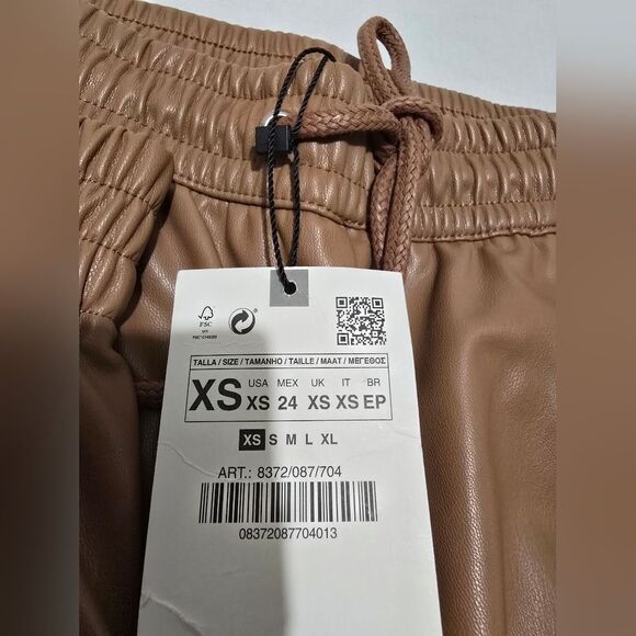 NWT Zara Drawstring Faux Leather Joggers In Tan Size Xs - Picture 10 of 12